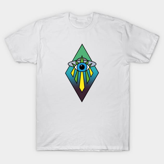 UFO Eye Art Deco Geometric Diamond Shape Dark Green Blue Sea Sky Space Illuminati Pyramid T-Shirt by Ciara Shortall Art